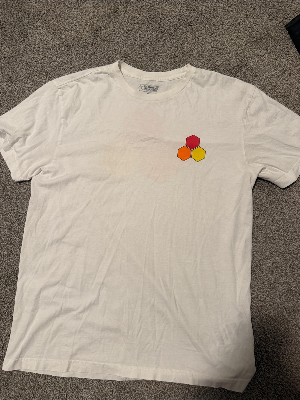 Men’s White Short-Sleeve Tee with Red/Orange/Yellow Hexagon Detail